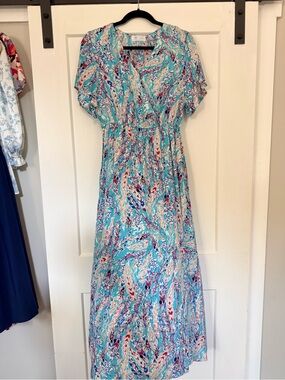 Aqua Floral Maxi Dress with Elastic Waist